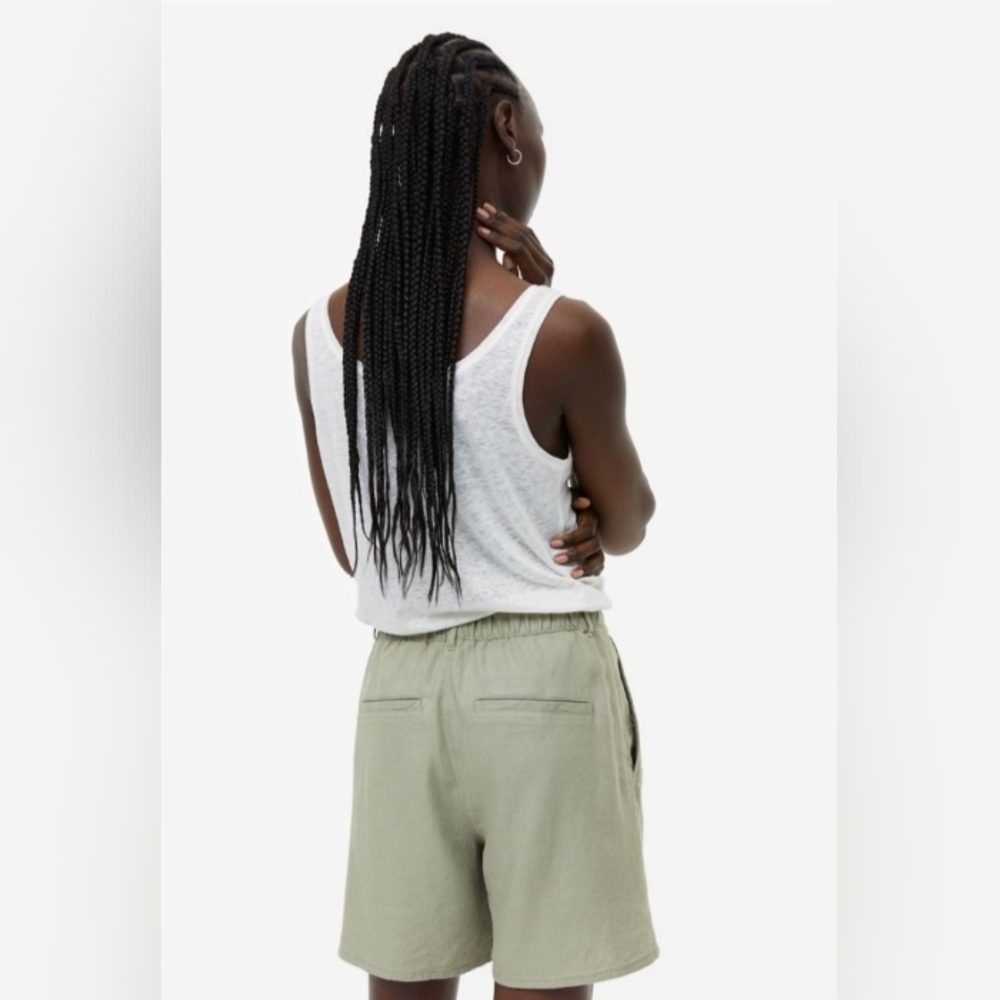 H&M Light Khaki Green Linen Blend High Waisted Bermuda Shorts